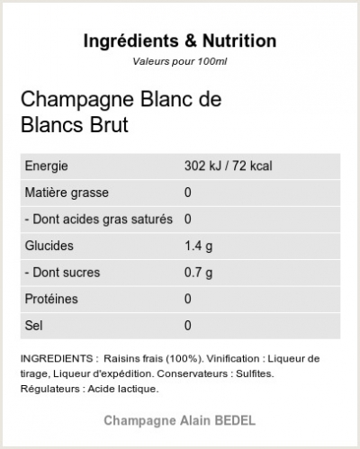 BLANC DE BLANCS BRUT - MILLESIME 2019 - Ingrdients et Nutrition 